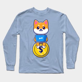 Cute Shiba Inu Dog Sitting On Gold Coin And Operating  Laptop Cartoon Long Sleeve T-Shirt